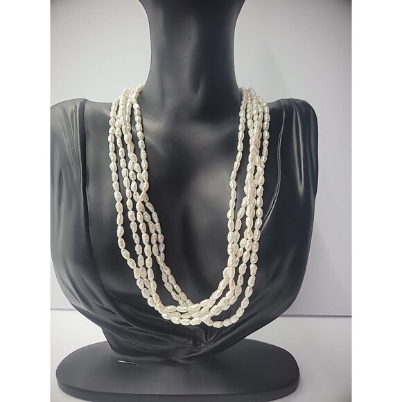 Vintage Necklace Multi Strand Beaded Gold Tone White Bead Slide Clasp Jewelry - Picture 2 of 12